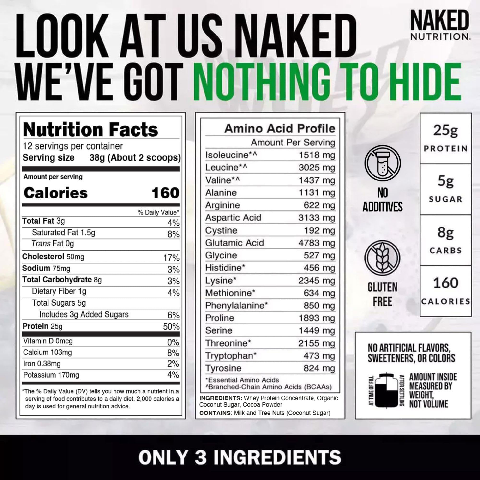 NAKED Chocolate Whey nutrition panel shows 25g protein per serving for everyday fueling