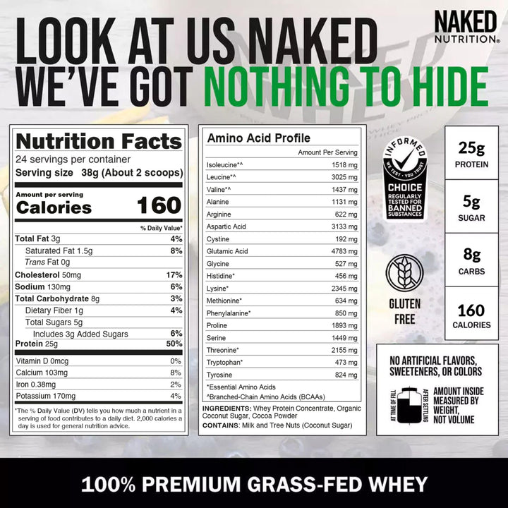 NAKED Chocolate Whey powder ingredients close-up showing three ingredients