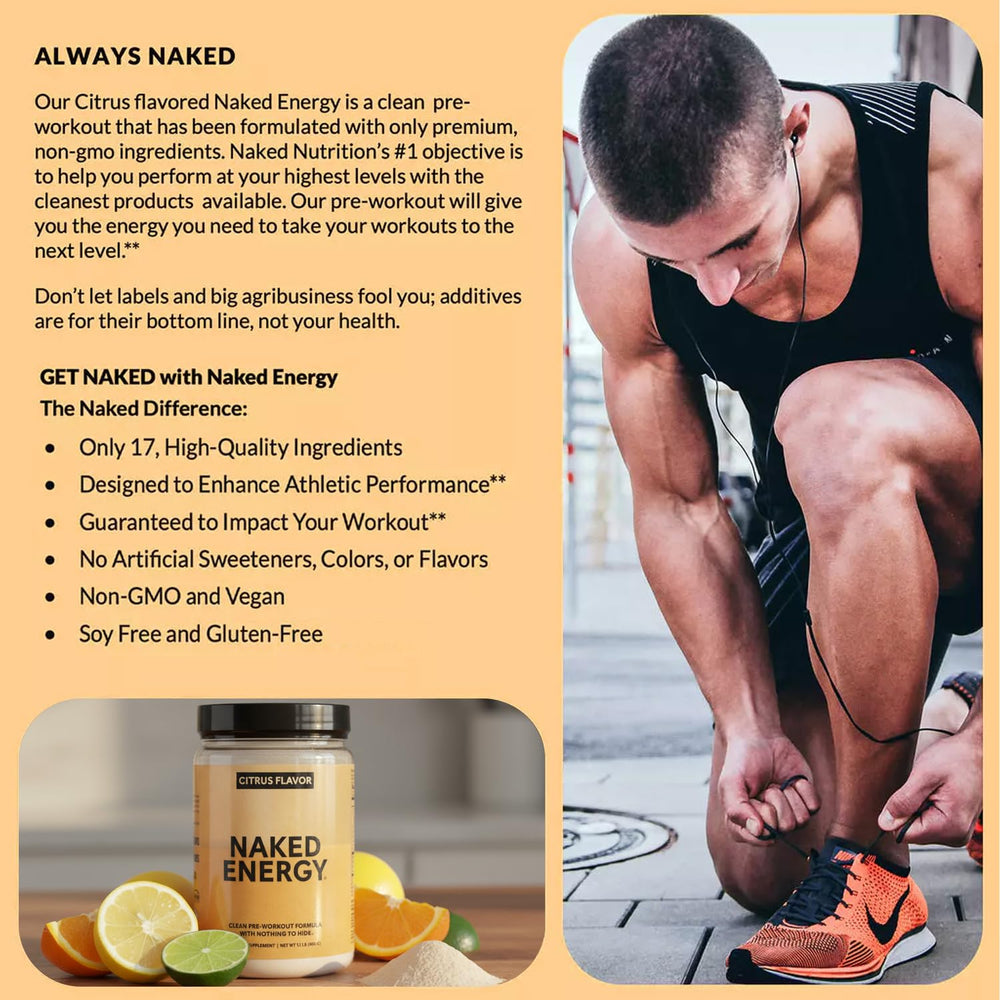 Naked Citrus Energy ingredients label emphasizes vegan, non-GMO benefits.