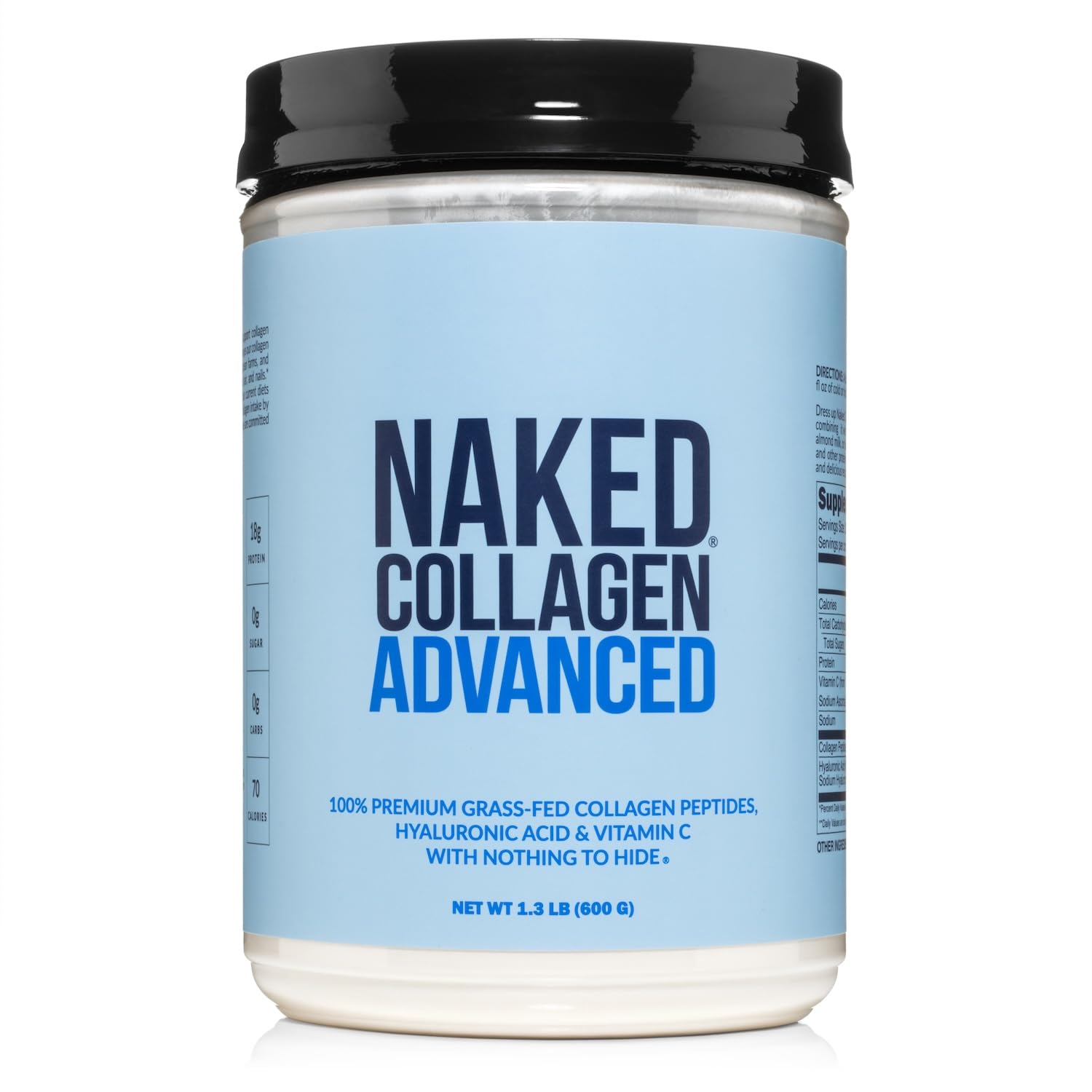 NAKED Collagen Advanced tub front label highlighting grass-fed sourcing for high-quality collagen.