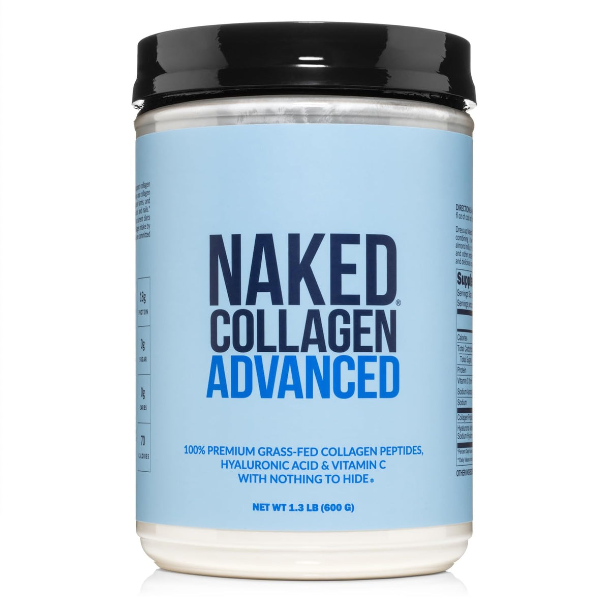 NAKED Collagen Advanced tub front label highlighting grass-fed sourcing for high-quality collagen.