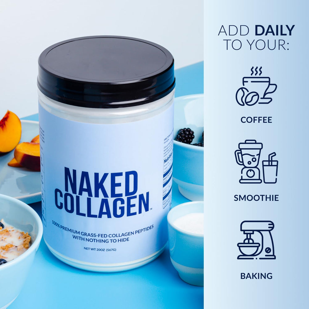 NAKED Collagen label close-up; highlights grass-fed sourcing and independent testing.