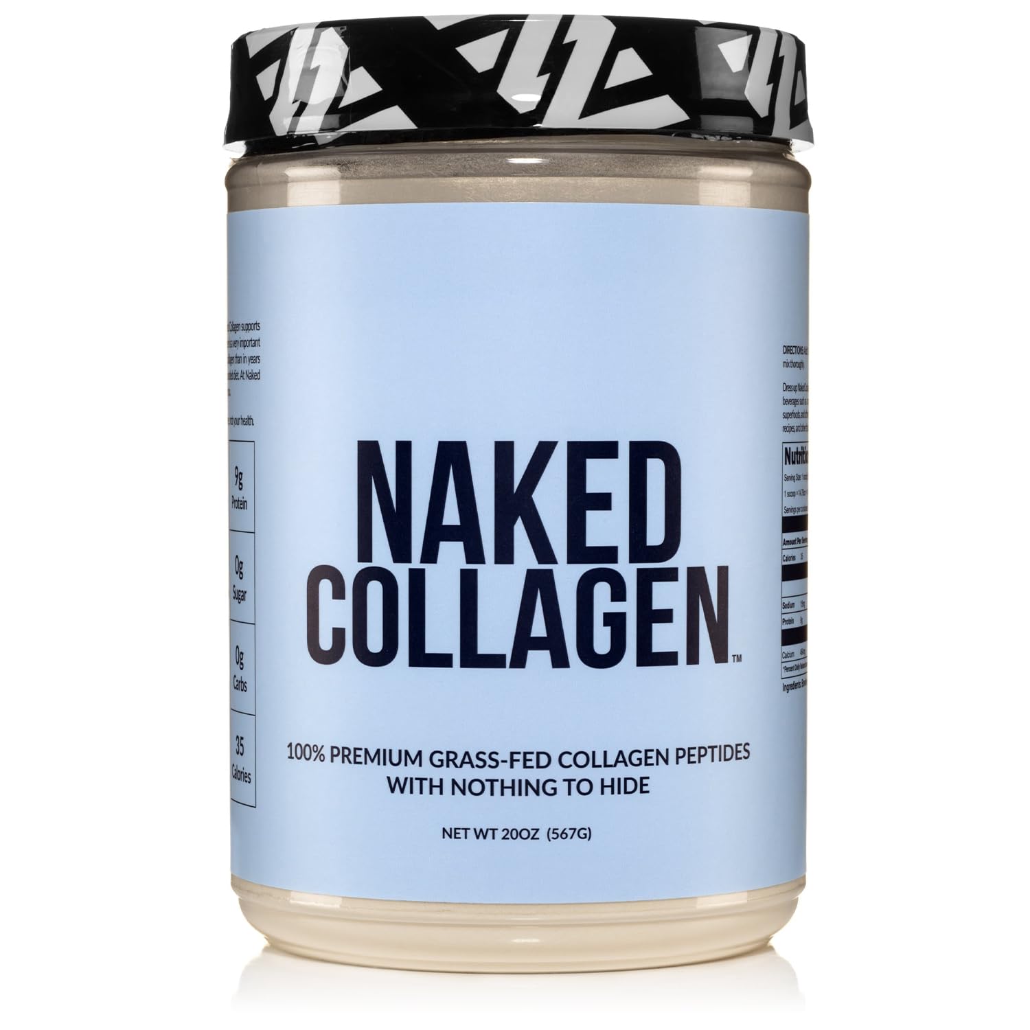 NAKED Collagen Peptides bottle open; clean formula for daily joint and skin support.