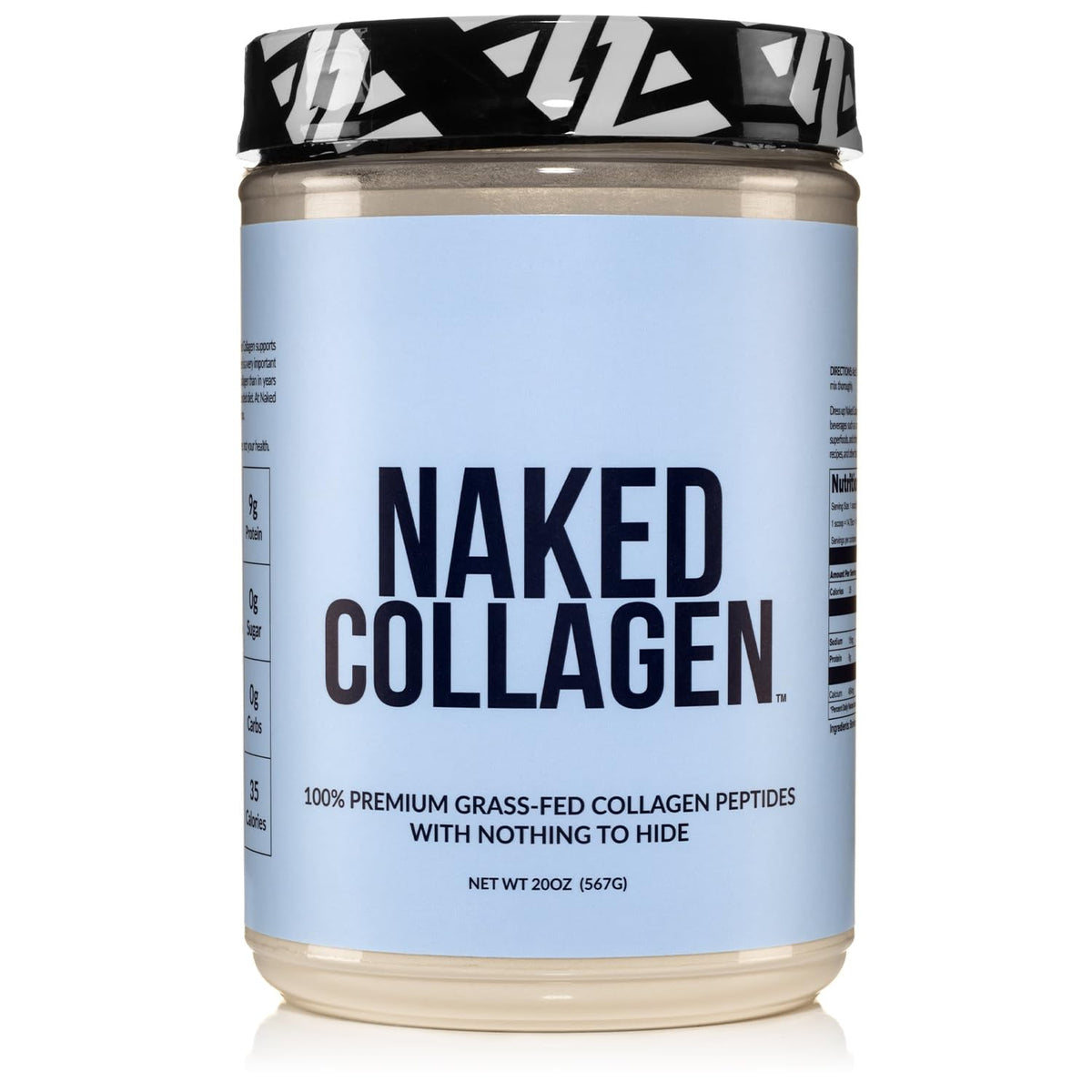 NAKED Collagen Peptides bottle open; clean formula for daily joint and skin support.