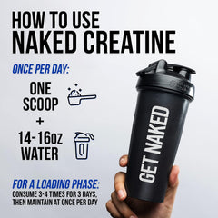 Vaso con jugo para mezclar Naked creatina monohidrato, sabor neutro.
