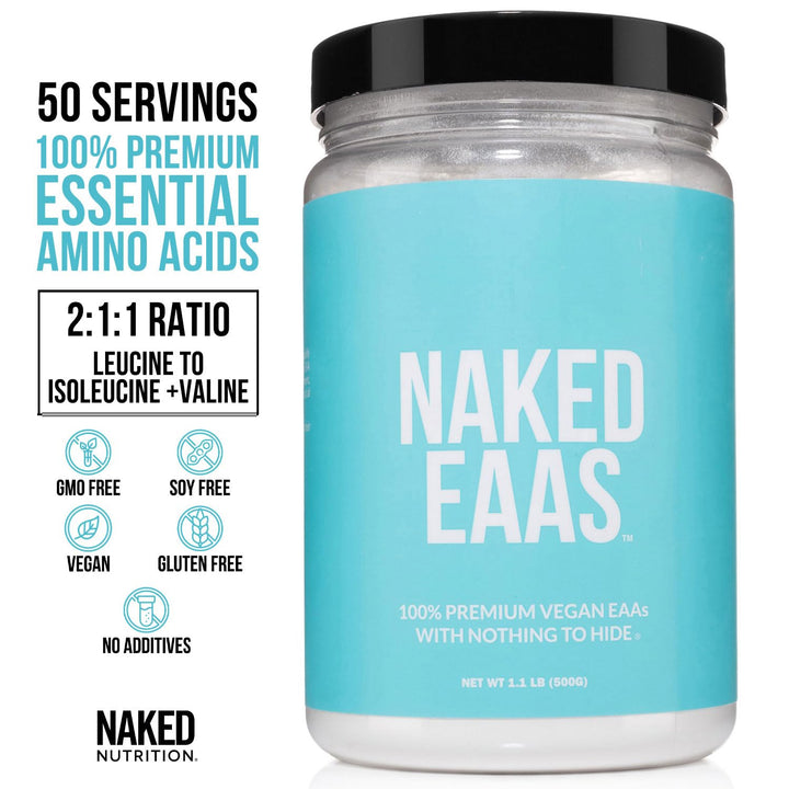 NAKED EAAs ingredients panel highlighting vegan, GMO-free and gluten-free formula