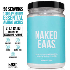NAKED EAAs ingredients panel highlighting vegan, GMO-free and gluten-free formula