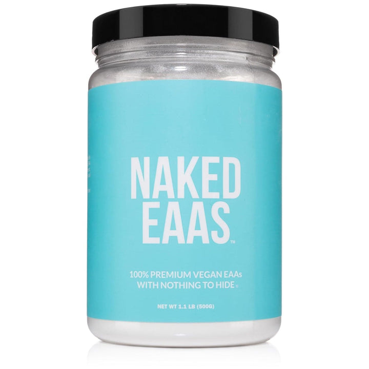 NAKED EAAs powder tub front showing pure essential amino acids for gym support