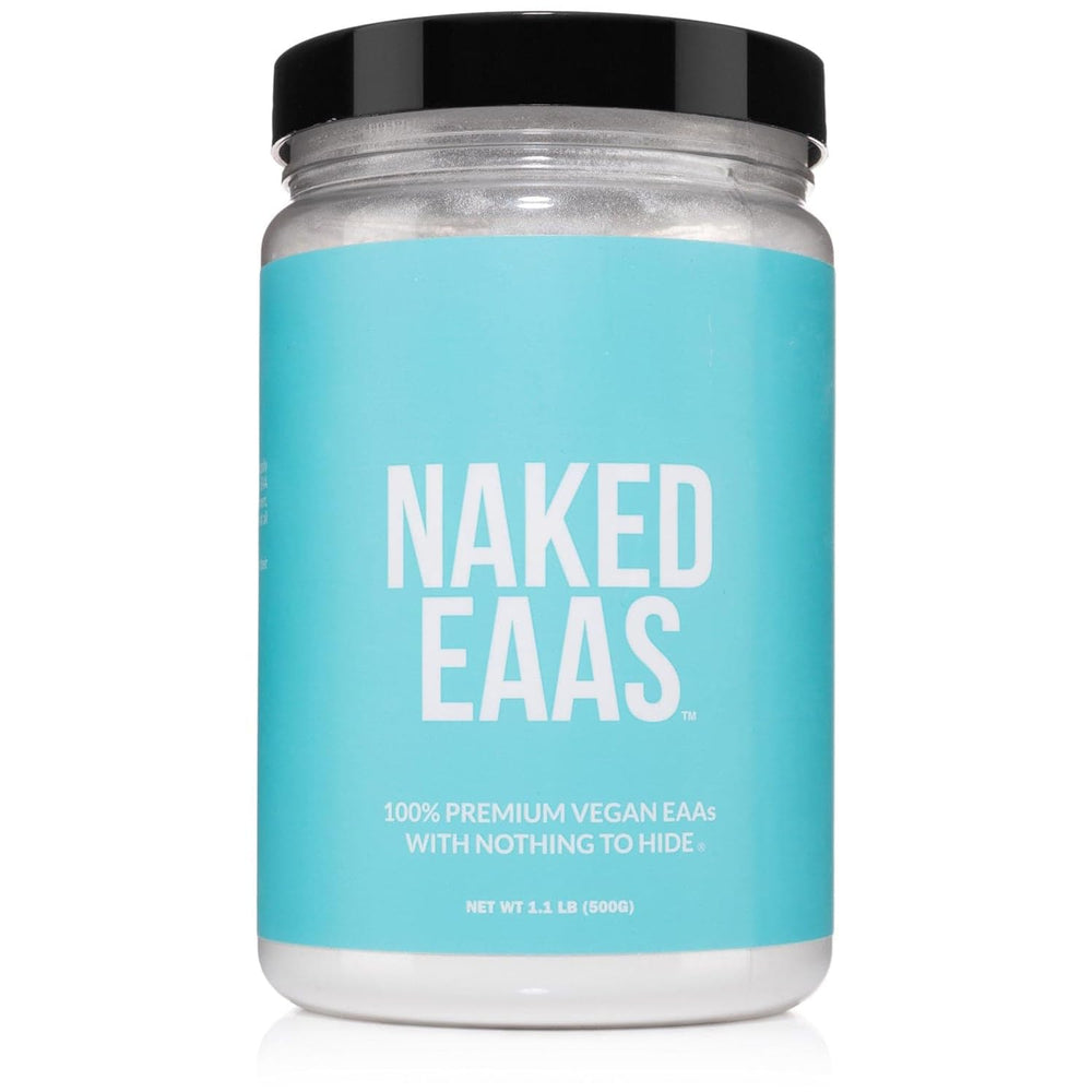 NAKED EAAs powder tub front showing pure essential amino acids for gym support
