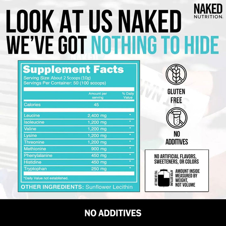 Scoop beside glass of water ready to mix Naked EAAs