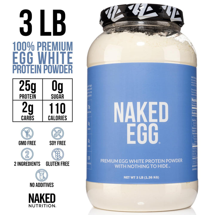 NAKED egg white protein being poured into a glass for a smooth shake.