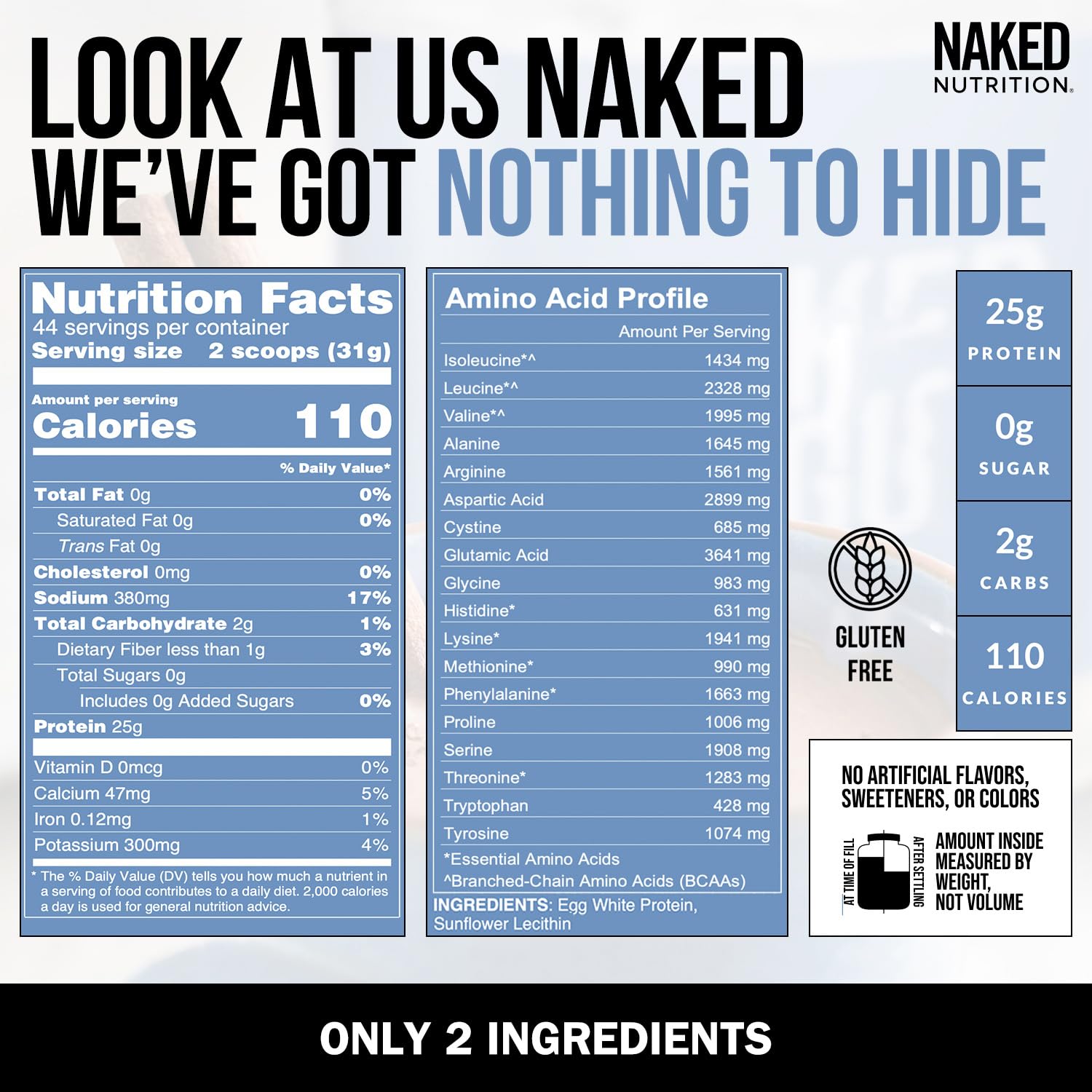 NAKED egg white protein scoop beside the tub for easy measurement in shakes.