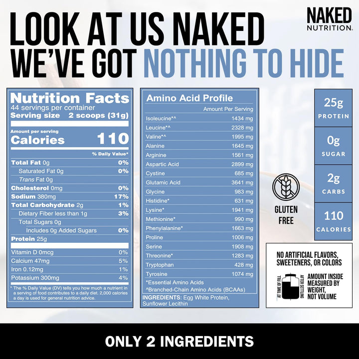 NAKED egg white protein scoop beside the tub for easy measurement in shakes.