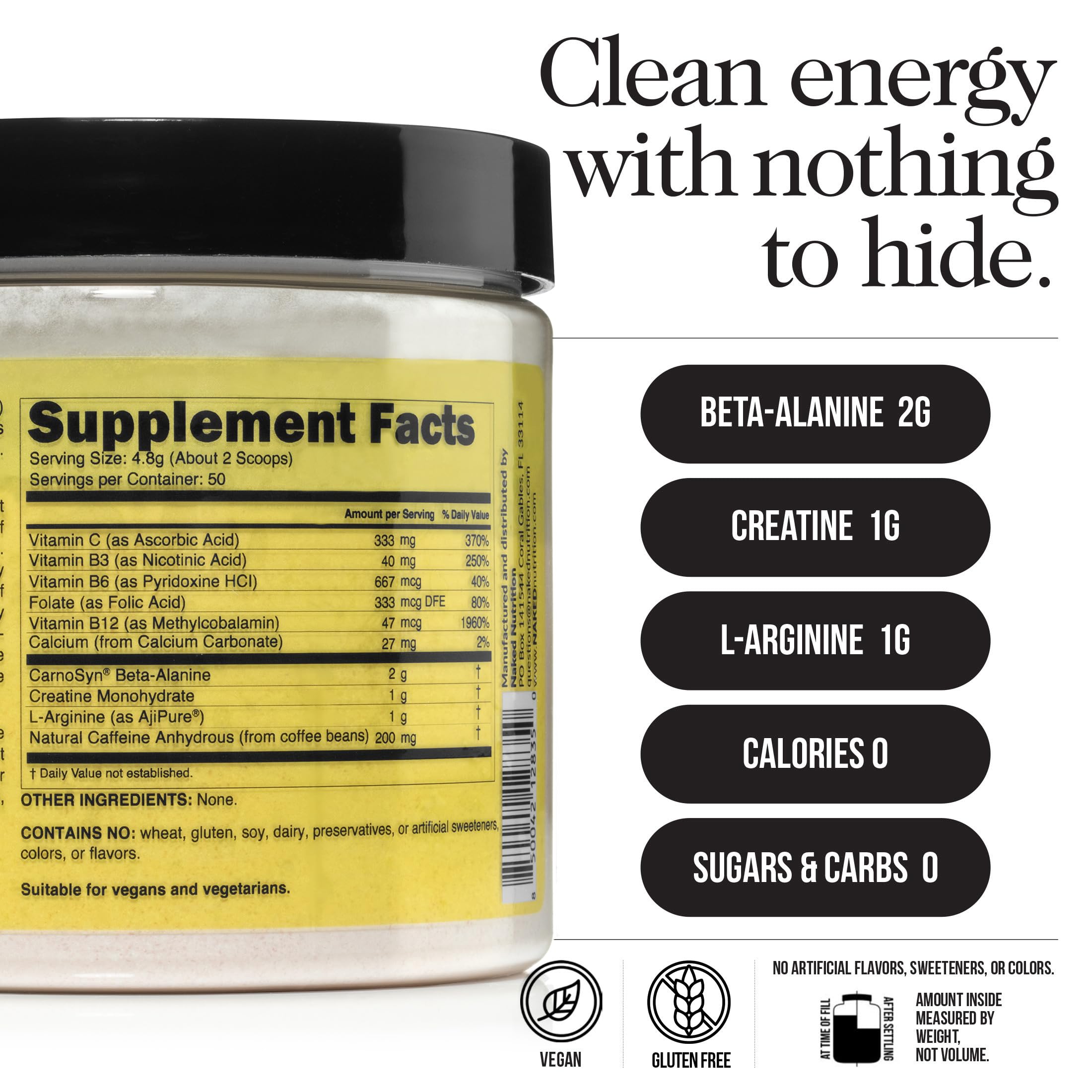 NAKED Energy ingredient list shows vegan formula with no added sugars.