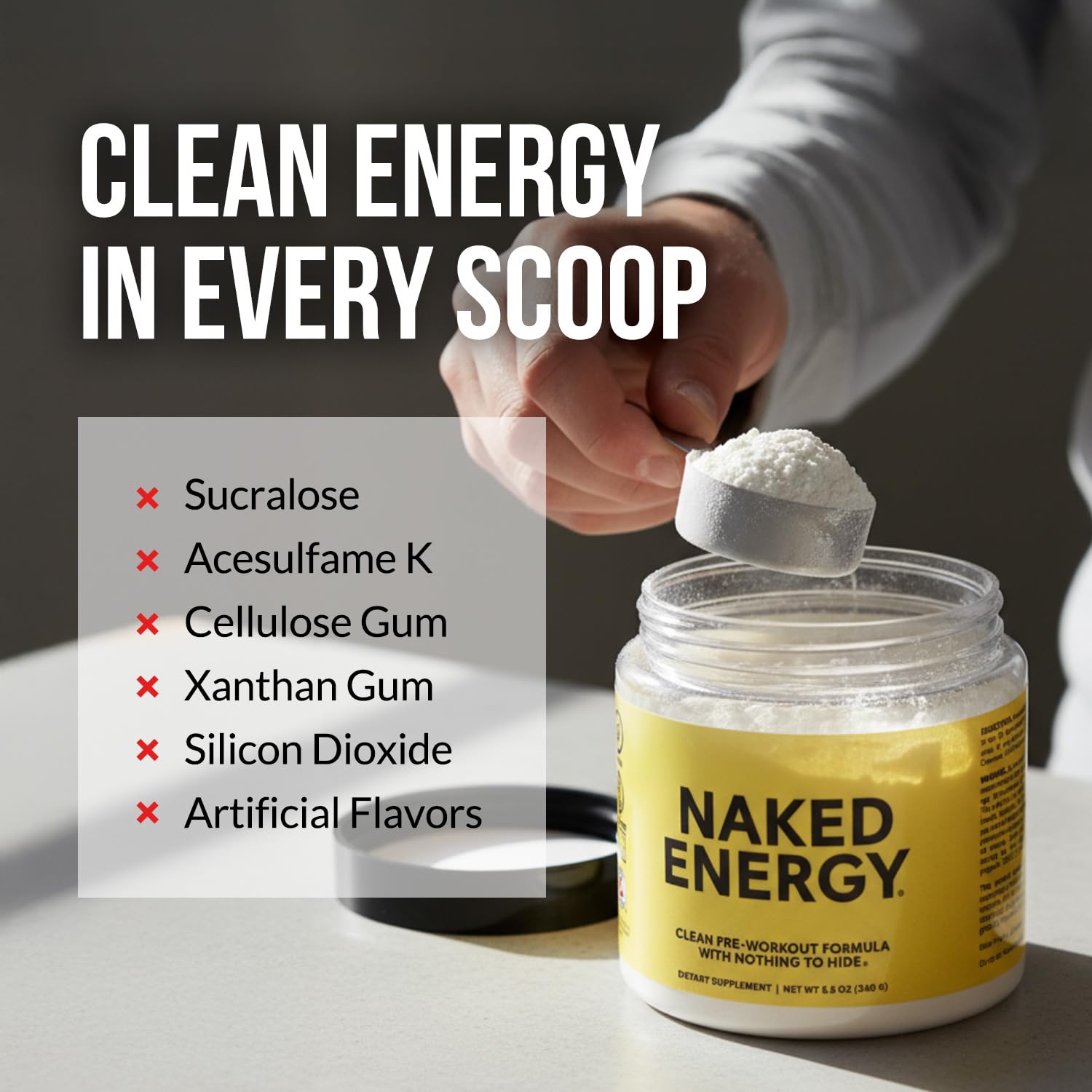 NAKED Energy serving scoop showing precise dosing for consistent pre-workout start.