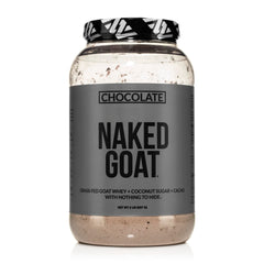 NAKED Goat Chocolate Protein Powder tub front showcasing a clean 3-ingredient formula for post-workout shakes