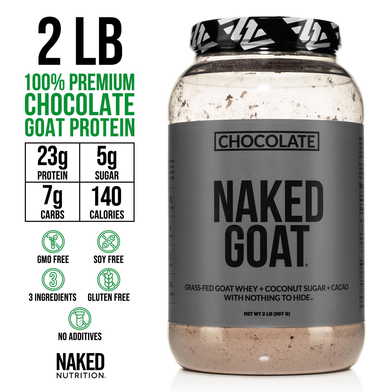 NAKED Goat Chocolate Protein Powder highlights organic cacao and coconut sugar for natural flavor