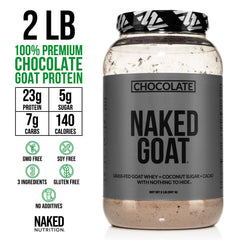 NAKED Goat Chocolate Protein Powder highlights organic cacao and coconut sugar for natural flavor