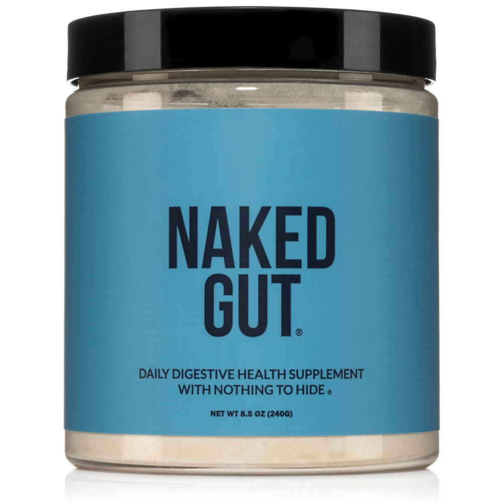 NAKED Gut bottle front shows GMO-free formula for daily digestive wellness.