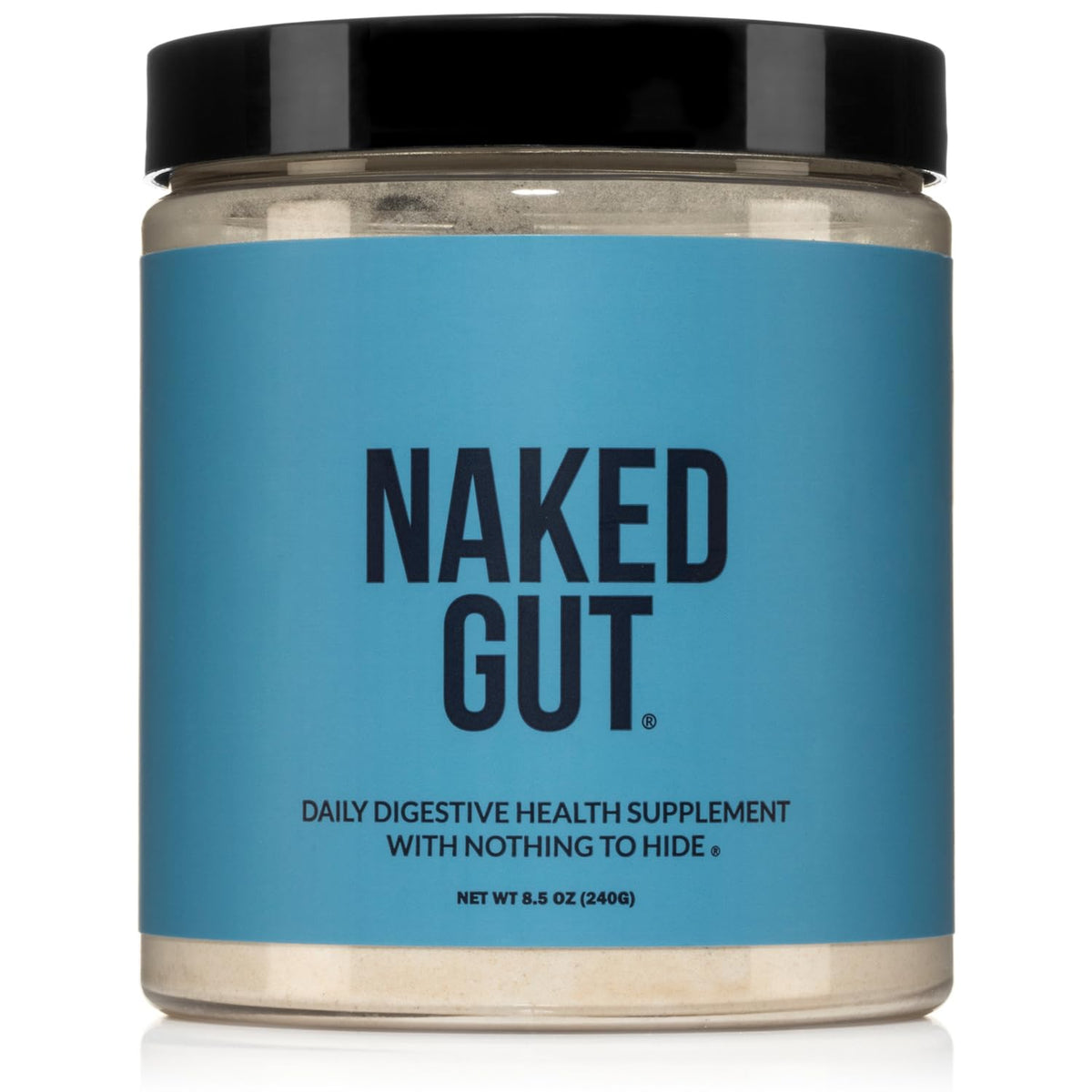NAKED Gut bottle front shows GMO-free formula for daily digestive wellness.