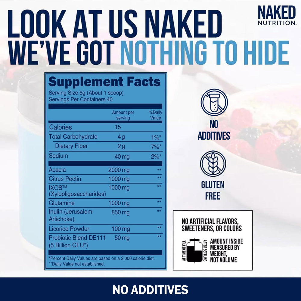 NAKED Gut ingredients pack highlights a blend of prebiotics and probiotics.