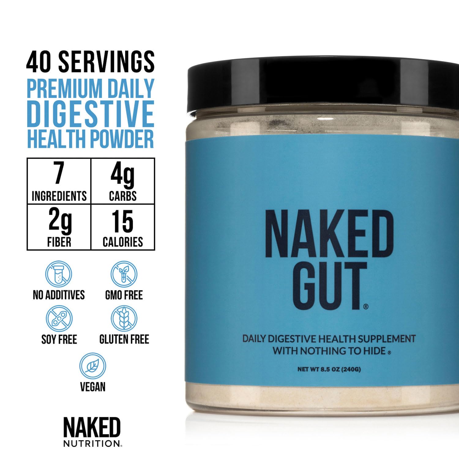 NAKED Gut label close-up confirms vegan and hypoallergenic claims.