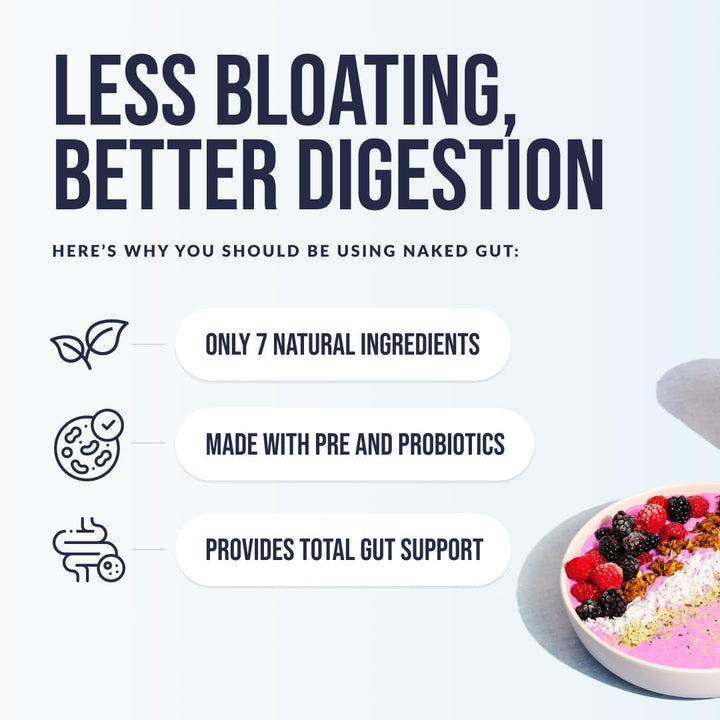 NAKED Gut powder texture close-up highlights smooth mixability for easy use.
