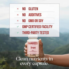 Naked Iron bottle front showing vegan, gluten-free, and non-GMO features.