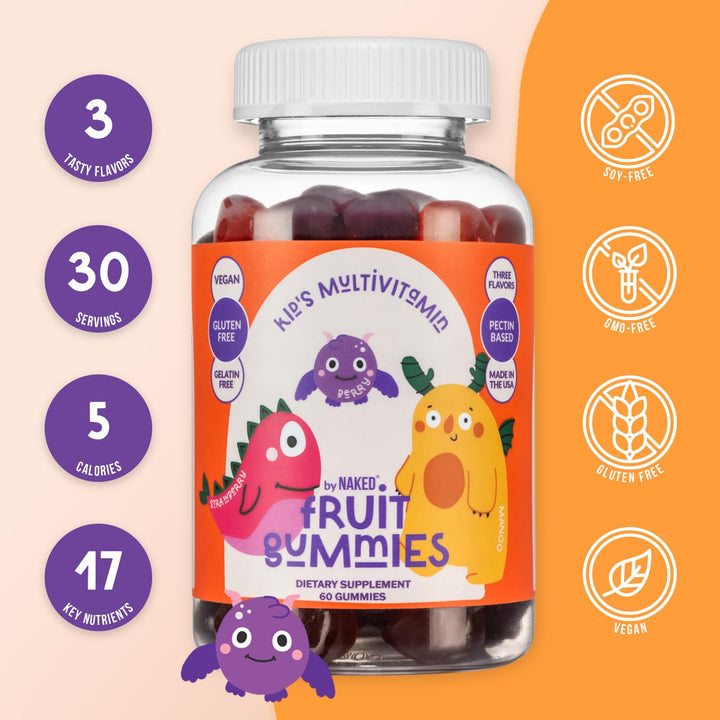 NAKED Kids Vitamins Gummies flavors display with strawberry, berry, and mango
