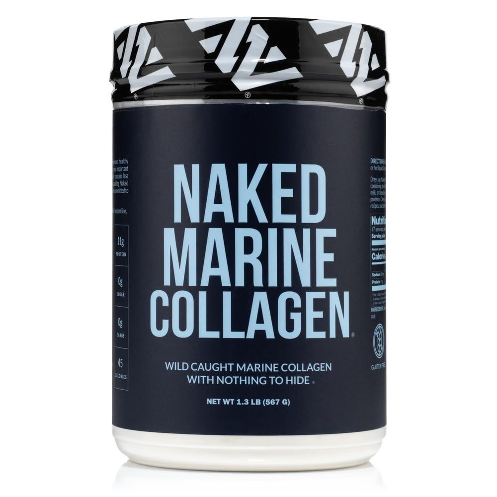 NAKED Marine Collagen bottle close-up with pure unflavored powder for skin and nails support