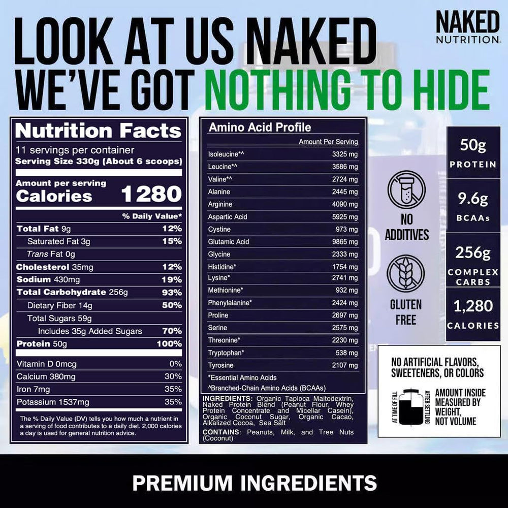 NAKED Mass ingredients close-up, highlighting cacao and tapioca for clean carbs.