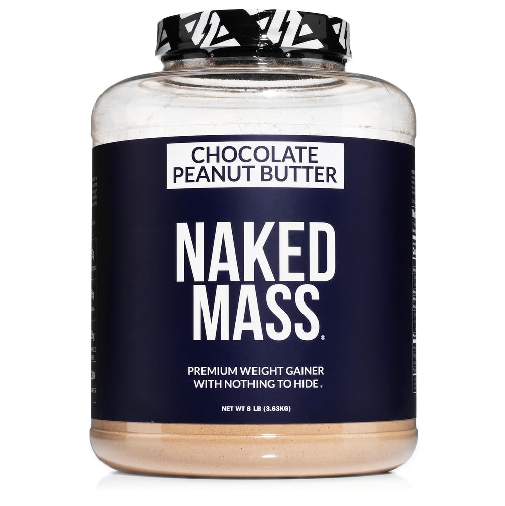 NAKED Chocolate Peanut Butter Mass jar, ideal for post-workout shakes.