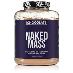 NAKED Mass Gainer chocolate bottle showing clean, natural ingredients