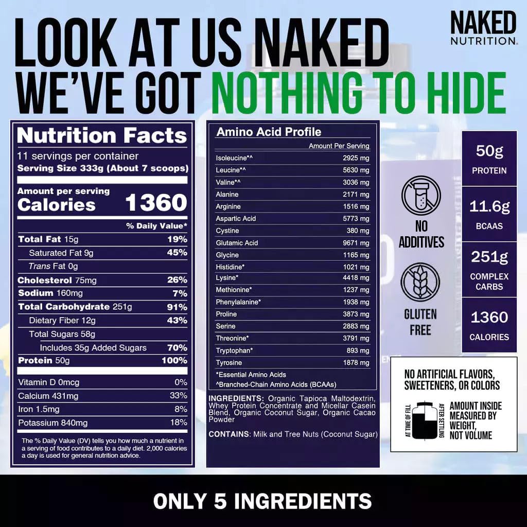 NAKED Mass Gainer chocolate nutrition label per serving