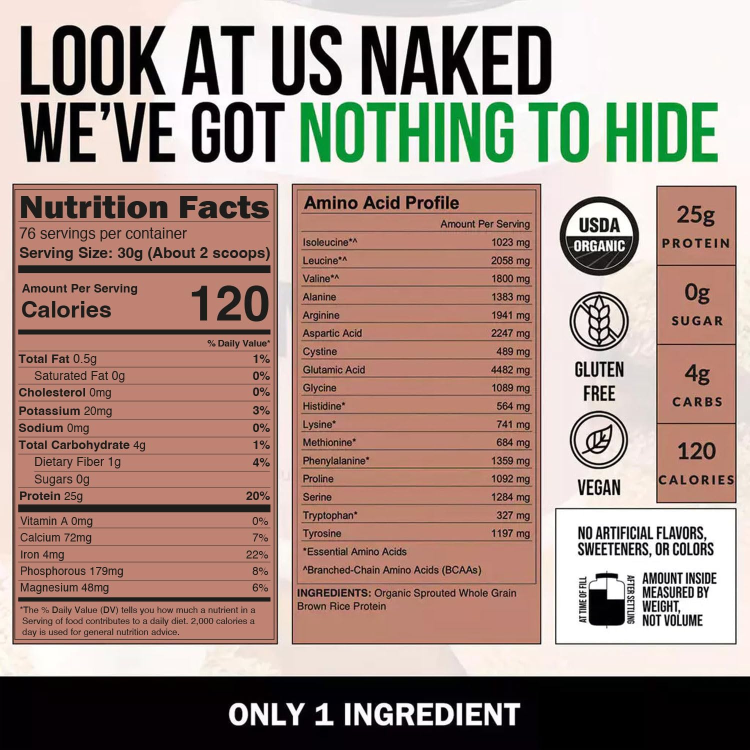 NAKED Organic Brown Rice Protein bottle with serving ideas and label details.