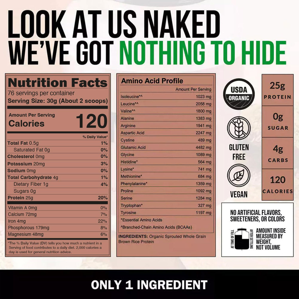 NAKED Organic Brown Rice Protein bottle with serving ideas and label details.