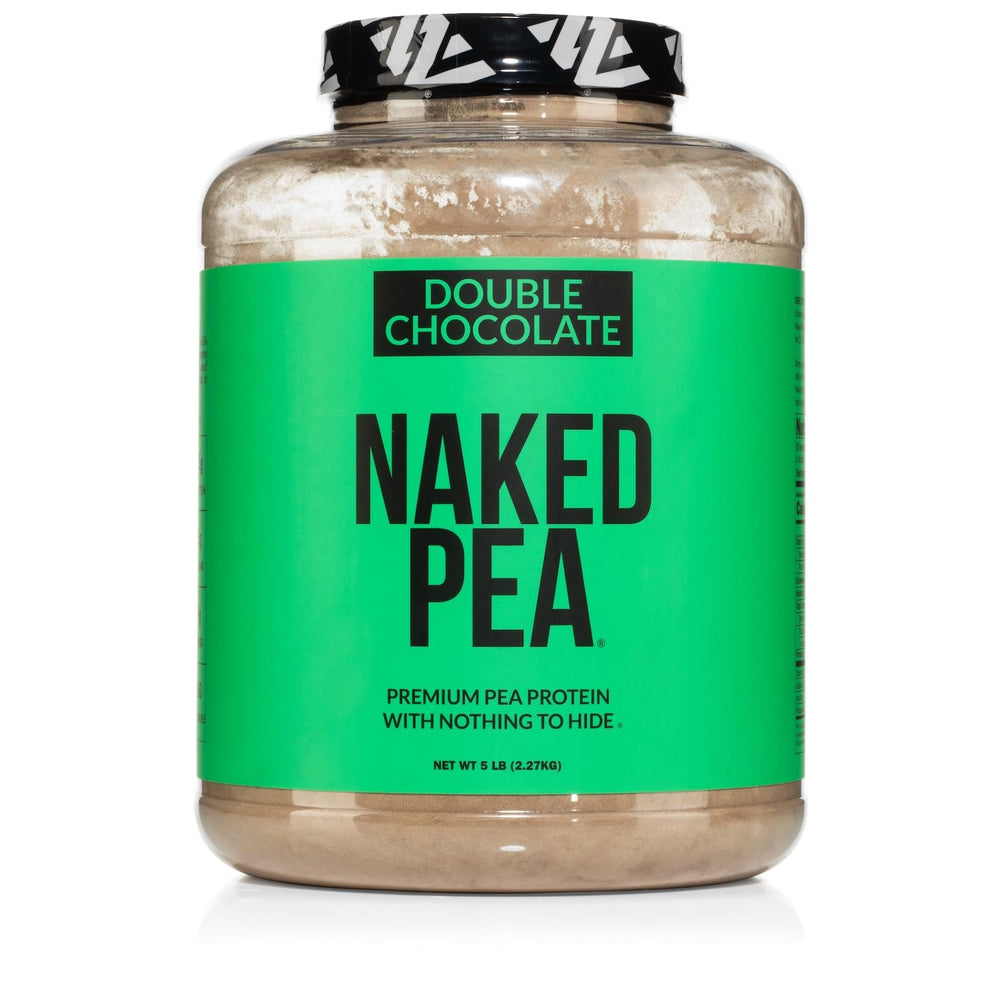 Naked Pea double chocolate protein powder bottle for a rich shake.