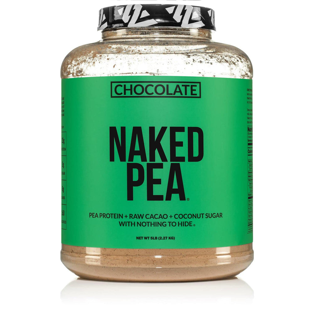 NAKED Chocolate Pea Protein powder in a tub, ideal for quick shakes
