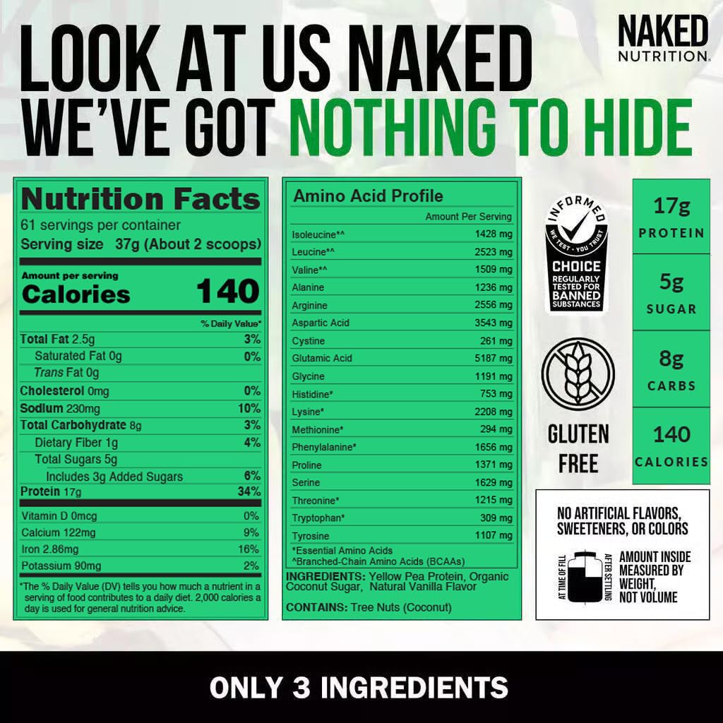 NAKED Pea Vanilla Protein bag open displaying simple, GMO-free ingredients