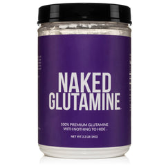 NAKED Pure L-Glutamine bottle demonstrates post-workout recovery support.