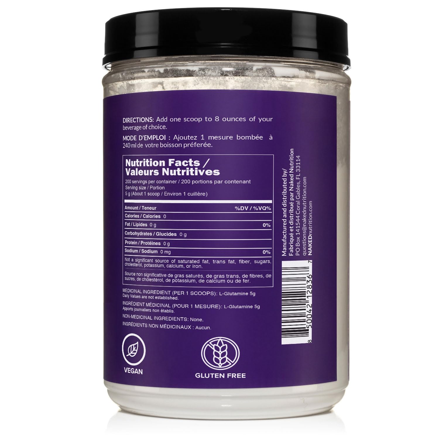 NAKED Pure L-Glutamine label highlighting vegan, non-GMO, and USA-made quality.