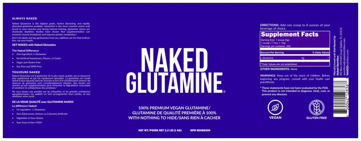 NAKED Pure L-Glutamine made in USA badge reinforces purity and trust.
