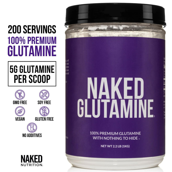 NAKED Pure L-Glutamine scoop shows precise dosing for efficient absorption.
