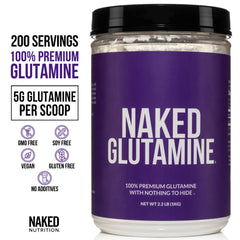 NAKED Pure L-Glutamine scoop shows precise dosing for efficient absorption.