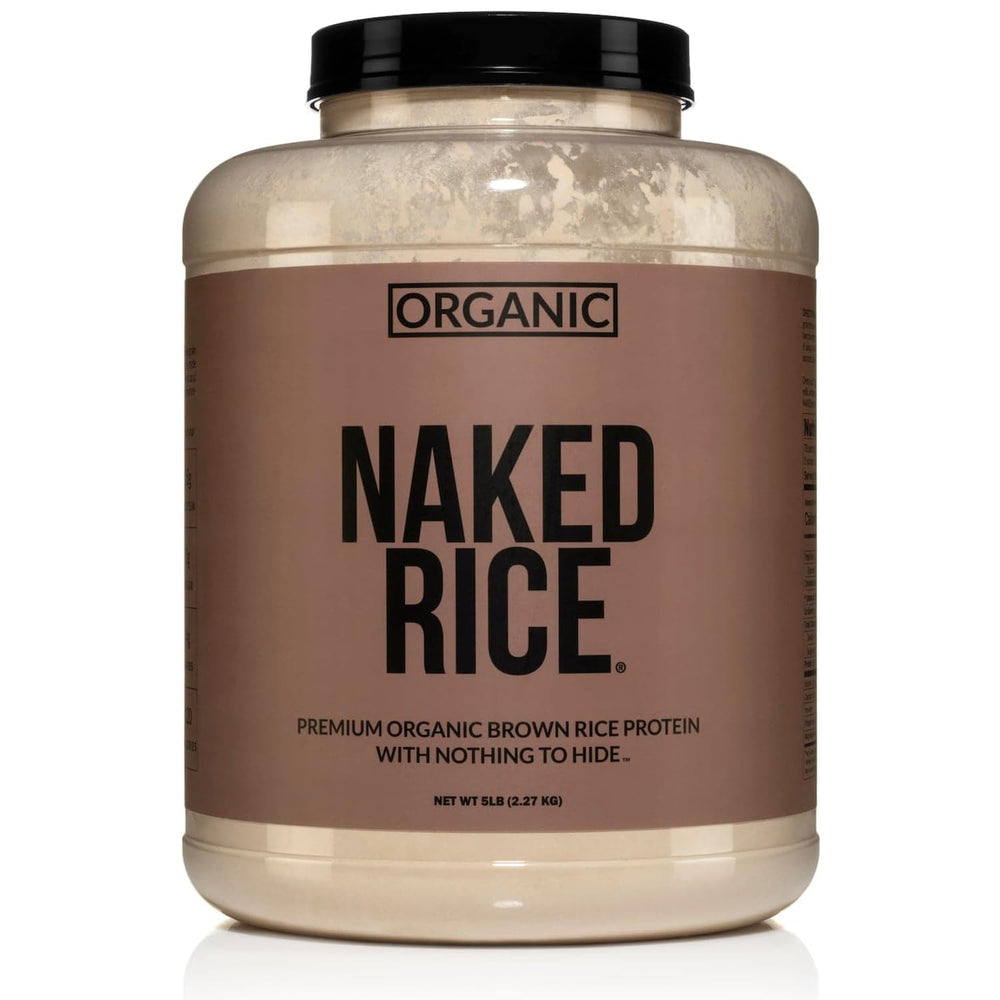 NAKED Rice Protein powder bag front highlights clean, plant-based protein for vegan nutrition.