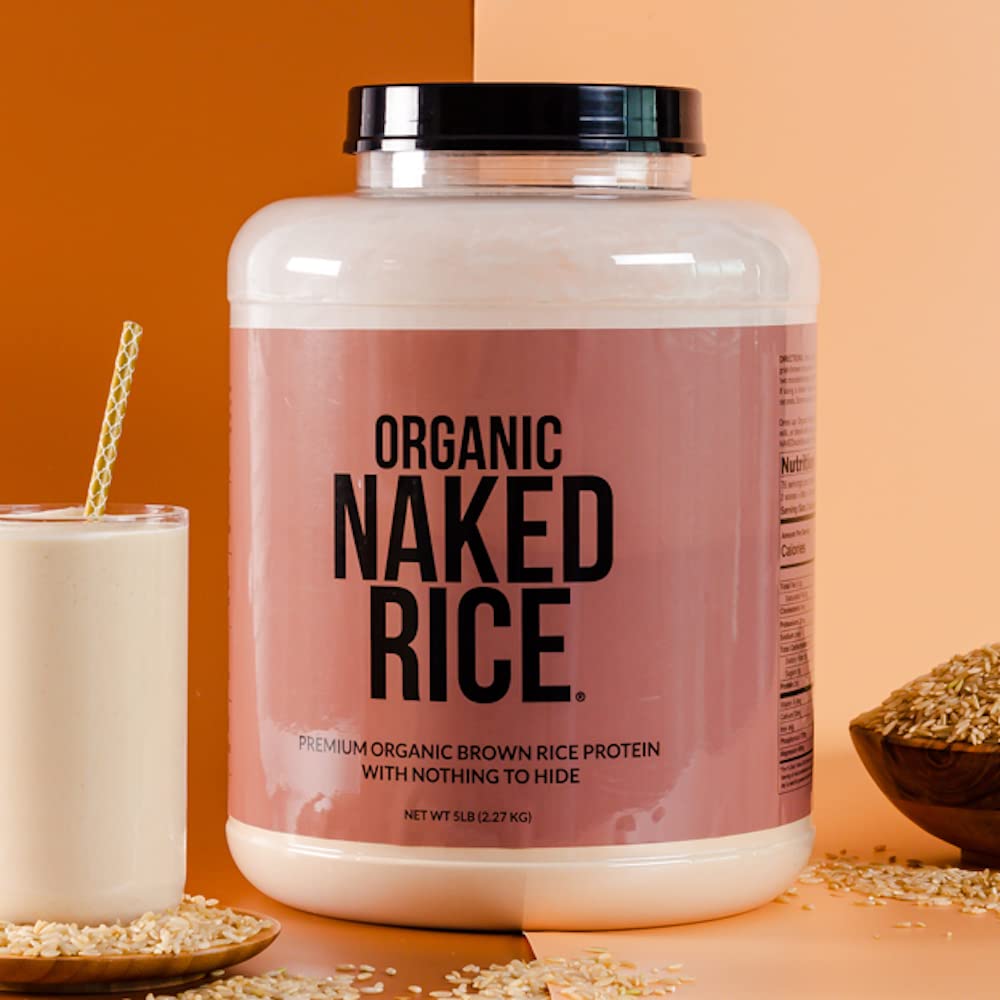 NAKED Rice Protein powder ingredients label shows single-ingredient, vegan, allergen-free composition.