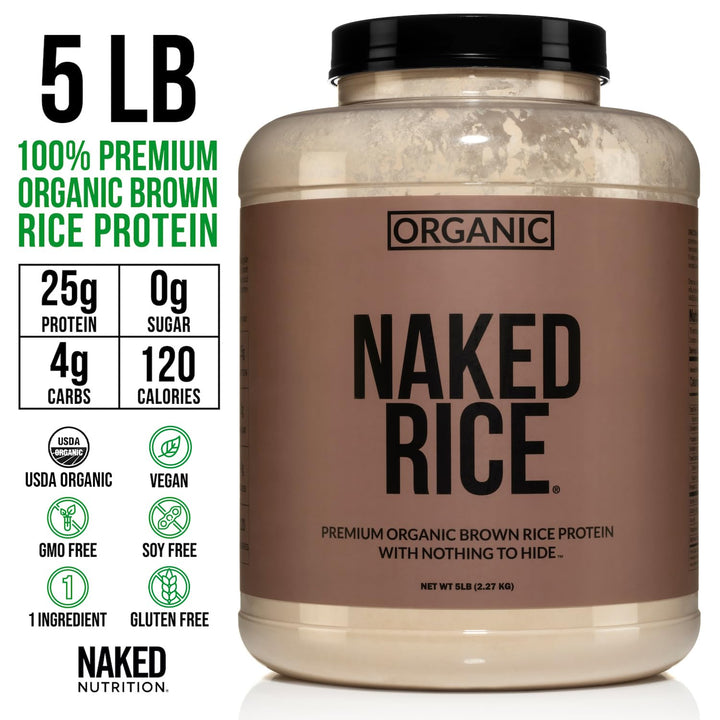 NAKED Rice Protein scoop sits beside serving spoon for convenient daily protein.