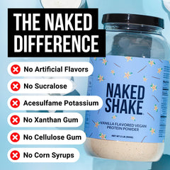 Close-up of NAKED Shake vanilla powder shows pea protein and clean ingredients.