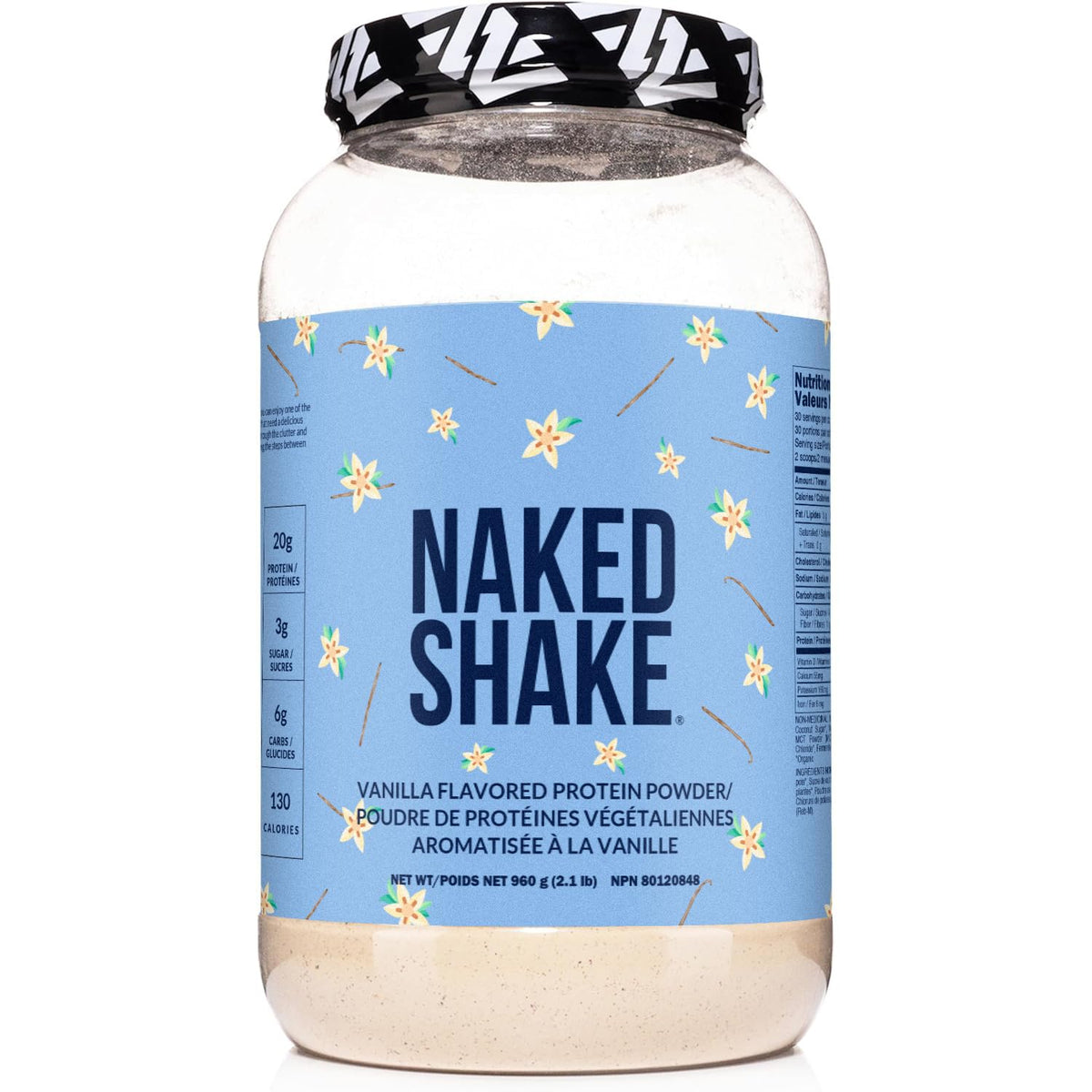 NAKED Shake vanilla protein powder bottle highlights plant-based nutrition.