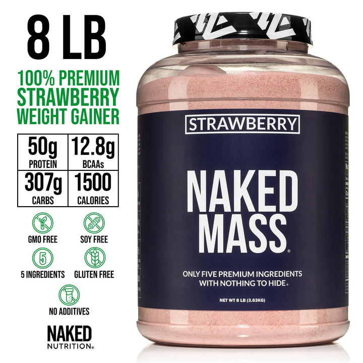 NAKED Strawberry Mass pouch highlighting gluten-free, soy-free, GMO-free weight gainer in bulk.